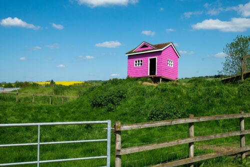 Image of a house in magenta on a hill